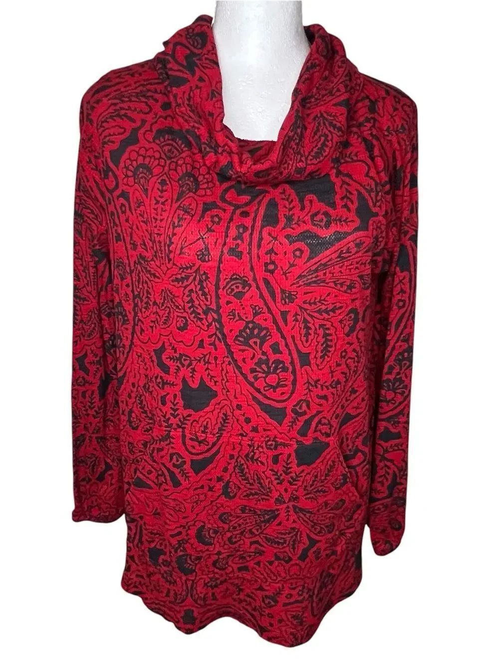 Soft Surroundings Red Black Paisley Cowl Neck Women's Ribbed Top Sz S